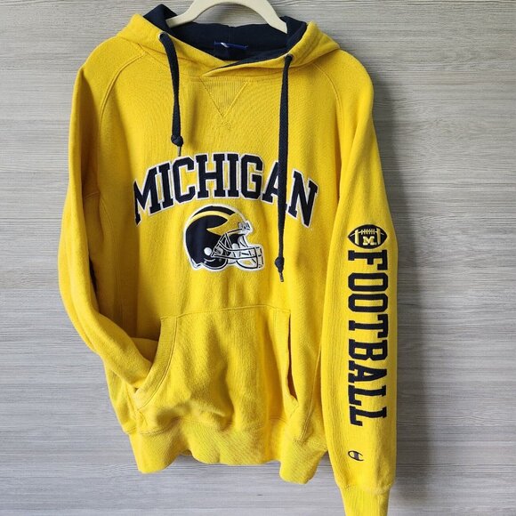 Michigan Wolverines Champion Hoodie Size S Football Logo Thick Yellow Sweatshirt - Picture 1 of 14